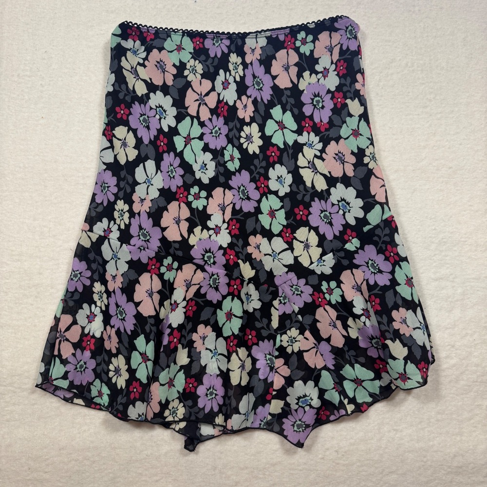 Vintage Briggs Petite Womens Large Floral Midi Skirt Black Multi Flared‎ Hem